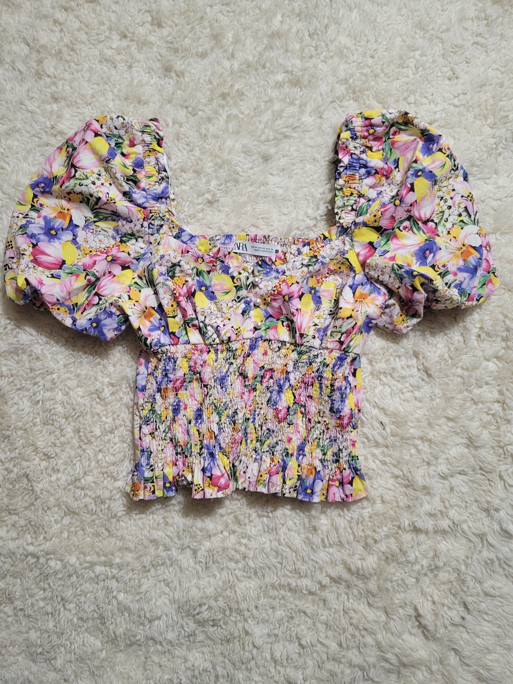 Zara Floral Printed Top - Smocked - Puff Sleeve Multicolor | 100% Cotton | XS